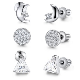 3 Pairs Moon Stud Earrings for Women and Men，14K Gold Plated Dainty Hypoallergenic Cubic Zirconia Disc Earrings Set, gold plated copper, Cubic Zirconia