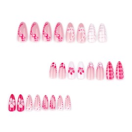 French Tip Press on Nails Medium Almond Summer Flower Fake Nails with Glue Gemstone Stick on Nails Full Cover Pink White Glossy False Nails for Women DIY Manicure Decoration 24PCS