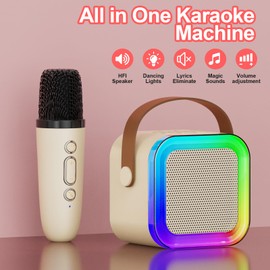 Mini Karaoke Machine for Kids Adults,Portable Bluetooth Speaker, 2 Wireless Microphones with Fun Voice Changing Function-Toys for 5 6 7 8 9 10 Year Old Girl Boys Birthday Gifts Ideas (Beige - 2 Mic)
