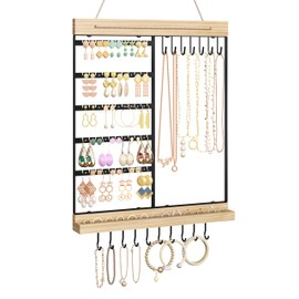 Feyejade Hanging Jewelry Organizer, 5-Tier Wall Earring Holder with Wooden Ring Groove, Jewelry Rack Wall Mounted for Earrings, Necklaces, Bracelets and Rings, Jewelry Holder Stand, Black