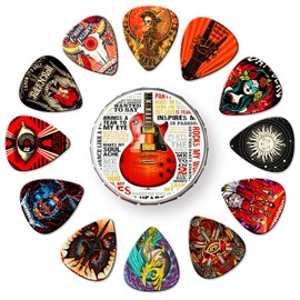 Púas de guitarra de 24 unidades, delgadas, medianas, pesadas y extra pesadas con caja de lata, paquete variado de púas de celuloide artístico para bajo, guitarra eléctrica y guitarra acústica, regalo