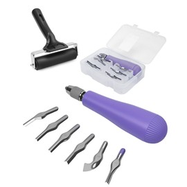 UCEC Linocut Carving Tools Linoleum Cutter Assortment for Block Printing Lino Cutting Tools for DIY Rubber Stamp Carving Kit & Beginners 6 Blades Universal Size Purple With A Brayer Roller(4 Inch)