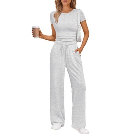 Trendy Queen Womens 2 Two Piece Set 2025 Summer Workout Beach Vacation Gym Clothes Fall Fashion Lounge Matching Sweatsuit Sweat Teacher School Wide Leg Pant Travel Outfit Fitness Athletic Clothing