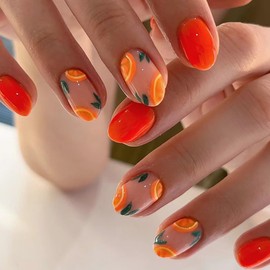 Fall Press on Nails Short Almond SWEKKE Fake Nails Orange Full Cover Orange False Nails with Designs Glossy Acrylic Press on Nails Glue on Nails Artificial Nails for Women Girls 24 Pcs