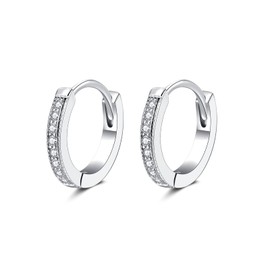 PRETTERY Silver Hoop Earrings for Women, 13mm Sterling Silver Hoop Earrings with Cubic Zirconia, White Gold Plated Small Sleeper Hoops Earrings