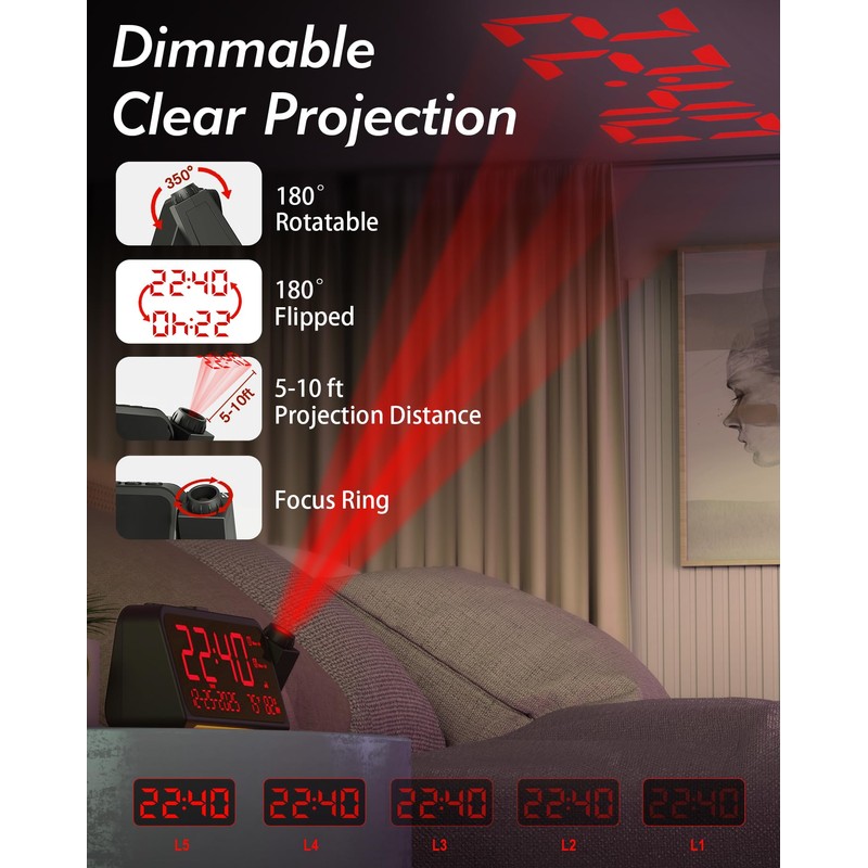Roxicosly Projection Alarm Clock for Bedroom Ceiling, 118 dB Super