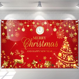 Avezano Merry Christmas Happy New Year Banner Christmas Red Gold Banner Happy New Year Banner Merry Christmas and Happy New Year Banner for Christmas and New Years Decorations 70.8 x 43.3 Inch (Red)
