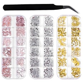 3D Nail Charms 3 Boxes Nail Gem Paradise - Sky Diamonds with Precision Tweezer Multi-Color & Style Nail Art Decorations for DIY Crafting Party Daily Wedding