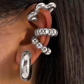 Chunky Ear Cuffs Non Piercing for Women Chunky Gold Clip On Non Piercing Ear Cuffs Boho Jewelry 4Pcs (Silver)