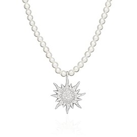 NKlaus Dirndl Costume Jewellery 42 cm Pearl Necklace Sun Pendant 925 Silver Zirconia White 11251, Pearl, Cubic Zirconia