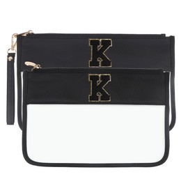 YogoRun Clear Makeup Bag Set 2pcs Glitter Chenille Monogram Snacks Bag Travel Essentials Flat Zipper Pouch Cosmetic Brush Bag for Women (Black Set- K)