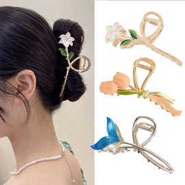 BYLife Large Women's Hair Clips, Pack of 3 Metal Hair Clips, Strong Hold Hair Clip, Flower for Hair Clips, Non-Slip Hair Clips, Hair Claw for Thick Hair, Thin Hair