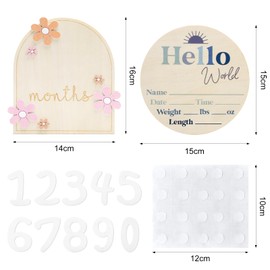 VOSSOT 2 x Baby Milestone Cards Set, 0-9 Number Plates, Wooden Milestone Cards, Baby Flowers Design, Baby Monthly Cards, 1-12 Months, Boys & Girls, Perfect for Baby Photos and Growth Memories
