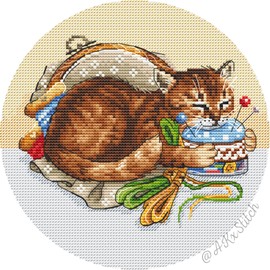 Cat Cross Stitch Kit/Stitching Buddy Sitting on Fabric and Threads Embroidery Pattern and Supplies Cat Lover Gift
