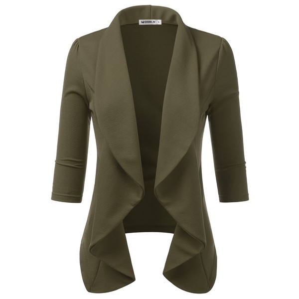 Doublju Womens Plain Simple Thin Lightweight 3/4 Sleeve Open Blazer
