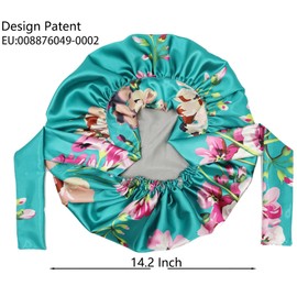 SENGTERM Satin Sleep Cap Double Layer Elastic Satin Bonnet Gorge Hat Wide Silky Band for Black Women with Long and Curly Hair, Green Flower