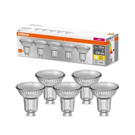 Osram LED Base PAR16, Socket: GU10, Non-Dimmable, Warm White, Replaces a Standard 35 Watt Lamp, 36 Degree Beam Angle, Pack of 5