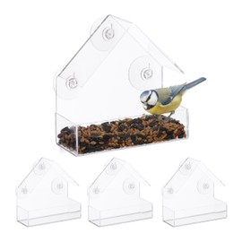 Relaxdays Window Bird Feeder Set of 4, 3 Suction Cups, Bird Feeder with Roof, HBT: 15 x 15 x 7 cm, Transparent
