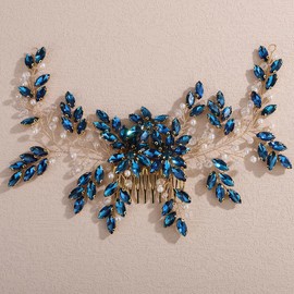 Lenjicons Wedding Rhinestone Hair Comb Large Crystal Rhinestone Hair Comb Bridal Headpiece for Women Wedding Hair Accessories for Brides Bridesmaid (peacock blue(gold))