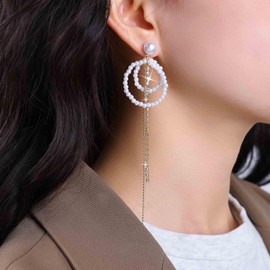 Iaceble Boho Pearl Rhinestone Dangle Earrings Long Pearl Tassel Earrings Gold Rhinestone Drop Earrings Vintage Pearl Beaded Earrings Pearl Bridal Earrings Jewelry for Women