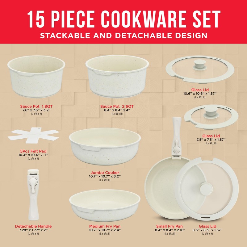 Bakken-Swiss Detachable 15-Piece Cookware Set – Granite Non-Stick – Eco-Friendly