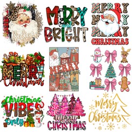 9 Sheets Christmas Iron On Decals Heat Transfer Patches for Clothing Merry Christmas Iron On Transfer Heat Press Decal Design Washbale Santa Claus Vinyl Sticker Xmas Decoration