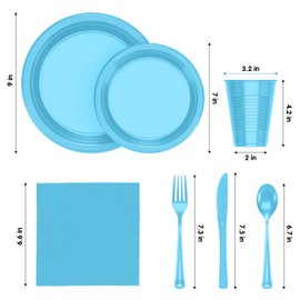 350 Pcs Light Blue Plastic Plates For Party, Light Blue Disposable Plates Set, 50 Of Each 9" Dinner Plate Set, 7" Dessert Plate, Cups, Napkins & Cutlery Plastic Dinnerware Exquisite
