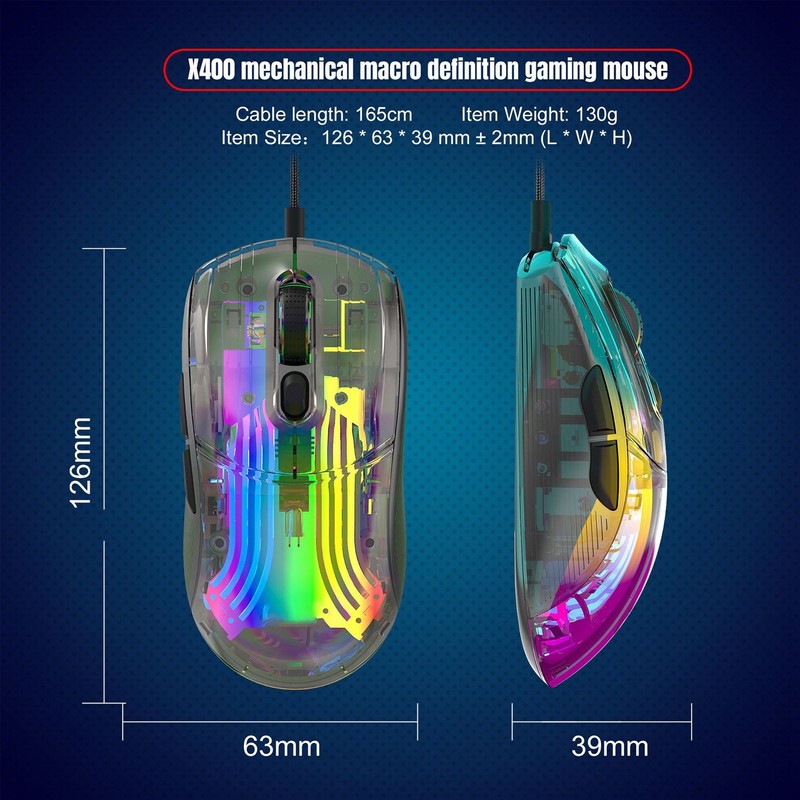 Wired Mouse Transparent Shell RGB Backlit Adjustable DPI Programmable Keys