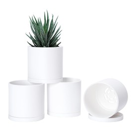 D'vine Dev 4 Pack 4.5 Inch Modern Plastic Plant Pots, Small Garden Planters for Plant with Drainage Holes and Saucers, White Color, 74-Z-F-2