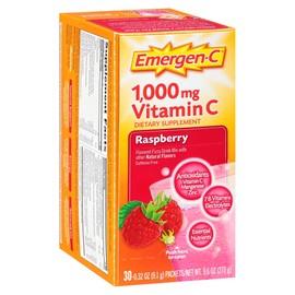 Emergen-C (30 Count, Raspberry Flavor, 1 Month Supply) Dietary Supplement Fizzy Drink Mix with 1000mg Vitamin C, 0.32 Ounce Packets, Caffeine Free
