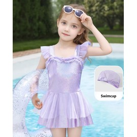 NIUSC - Trajes de baño de una pieza para niñas, de secado rápido, bonitos trajes de baño para niños pequeños, trajes de baño con volantes para 4 a 12 años, Manga Volantes Morado, 11-12 Años