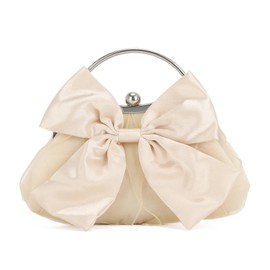 SUKUTU Bow Knot Clutch for Women Lolita HandBag Pearl Necklace Evening Handbag Satin Mesh Clutch Bag, apricot