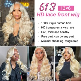VASILIA 613 13x6 Lace Front Wig Human Hair for Women 210% Density HD Transparent 613 Lace Front Wig Human Hair Pre Plucked 22 Inch Blonde Wig Human Hair Body Wave 613 HD Lace Frontal Wig