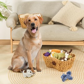 FairyHaus Dog Toy Basket Organizer with Dog Paw Decor, 1Pack Wicker Bone Shape Dog Toy Bin for Organizing, Natural Water Hyacinth Dog Toy Box for Pet Chew Toys Blanket Treats Storage