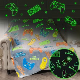 Gaming Blanket Gifts for Boys Toys - Glow in The Dark Throw for Kids Age 1 2 3 4 5 6 7 8 9 Year Old - Controller Gamer Game Room Decor Present for Teen Girls Birthday Christmas Valentines Easter
