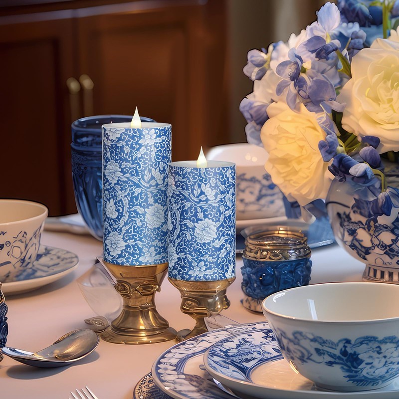 Baquler 3 Pcs Chinoiserie Flameless Pillar Candles Blue and White