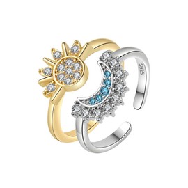 TOFBS Set of 2 Sun and Moon Rings Set Silver S925 with Cubic Zirconia Fidget Ring Open Adjustable Rings 18 K Gold Matching Promise Stackable Sky Rings for Women Silver + Gold