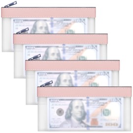VOCHIC 4pcs Storage Bags with Zipper, Pink TPU Money Pouch, Clear Bank Deposit Bags, Waterproof Cash Bag for Collectors, Multi-Purpose Check Wallet (Pink, 7.6 x 3.7 inch, 4 Bags)