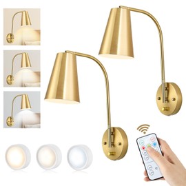 Adcssynd Battery Operated Wall Sconce, Wireless Wall Sconces Set of Two with Remote Control, Dimmable Wall Sconces Battery Operated, Brushed Brass Battery Operated Wall Lights for Bedroom