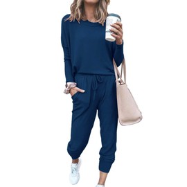 PRETTYGARDEN Women's 2024 Fall Two Piece Outfit Long Sleeve Crewneck Pullover Tops And Long Pants Tracksuit (Dark Blue,Medium)