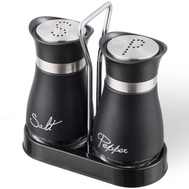 Lonffery Salt and Pepper Shakers Set, Stainless Steel with Glass Bottle for Table, RV, Camp, BBQ, Set of 2, Black