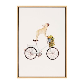 Kate and Laurel Sylvie Frenchie Bulldog on a Bicycle Framed Canvas Wall Art by Amy Peterson Art Studio; 23x33 Natural; Whimsical Animal Dog Art for Wall