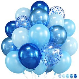 Blue Balloons Set, 12 Inch Double Stuffed Metallic Blue Balloons Light Blue Latex Balloons Chrome Blue Helium Balloons Glitter Confetti Blue Party Balloons for Birthday Graduation Baby Shower Wedding