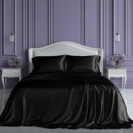 SLEEP SANCTUARY Satin Sheets Queen Size – 4 Piece Luxury Silky Bed Set, Softer Than Silk, 15" Deep Pocket, Cooling & Wrinkle-Free, Moisture-Wicking & Breathable for Hair & Skin (Black)