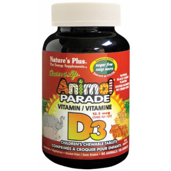 Nature's Plus Animal Parade Vitamin D3 500IU Chews, Sugar Free, 90 Animal-Shaped Chewable Tablets, Natural Black Cherry