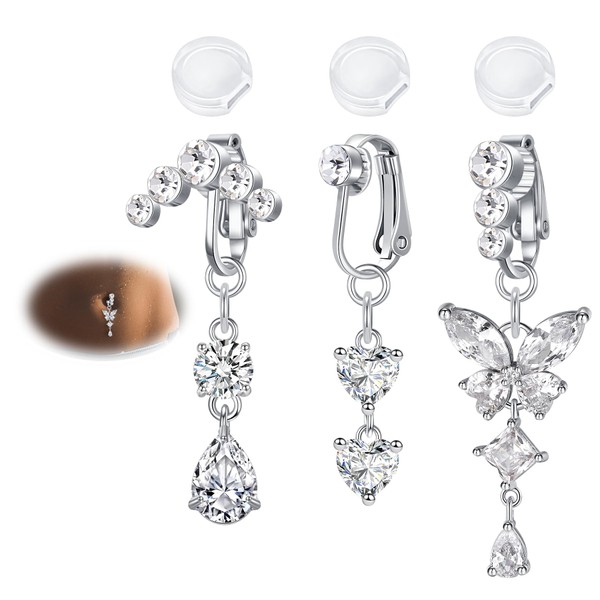 AVYRING 3 Pcs Silver Fake Belly Button Rings Clip On,