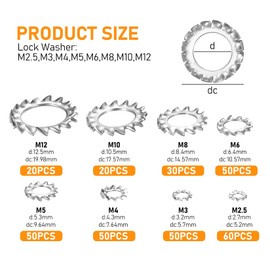 330pcs Starlock Washers Assorted, Stainless Steel Internal Star Tooth Lock Washers, Push On Quick Speed Internal Tooth Fasteners Locking Washer, M2.5 M3 M4 M5 M6 M8 M10 M12