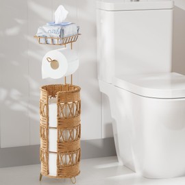 Freestanding Toilet Paper Holder, Idealmax Handmade Rattan Toilet Paper Roll Holder Stand for 4 Mega Rolls for Bathroom Storage