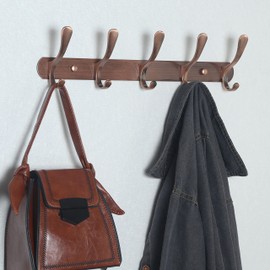 SKOLOO Coat Rack Wall Mount - Modern, Metal Wall Coat Rack with 5 Hooks, Pack of 2, Sturdy Wall Hook Rack Rail for Hanging Coat, Jacket, Clothes, Hat, Red Copper