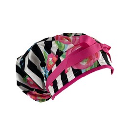 Bouffant Medical Cap – Flowers Over Stripes.- Sweatband Ponytail Pouch Tie Back Hats Bouffant Scrub Hats. Scrub Hat for Women & Men tie Back. Nurses Hats Ponytail Holder Dr. Hats. Long Hair